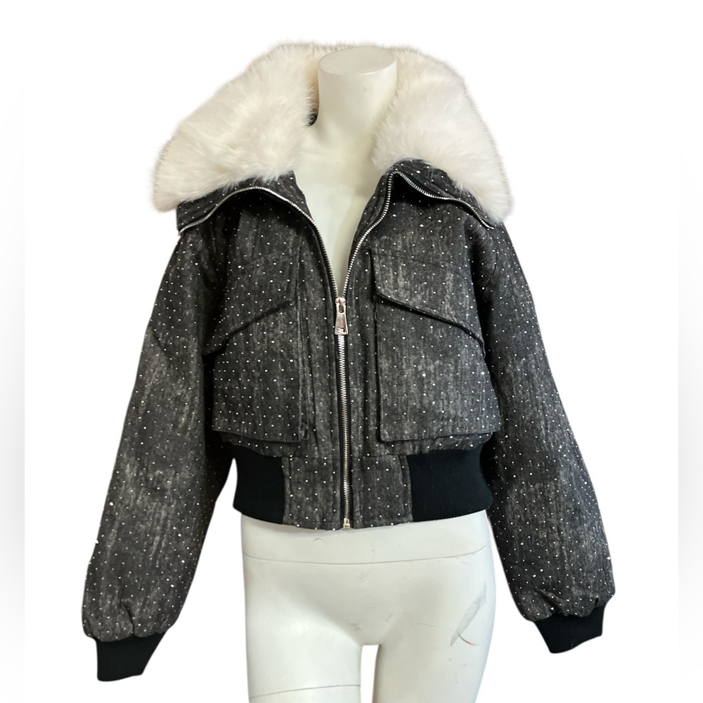 Adorable Sparkly Distressed Grey Denim Jacket with Faux Fur